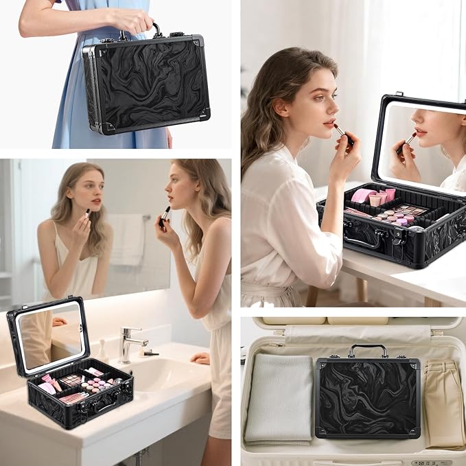 Makeup Bag with LED Mirror - Black Fluid-Color Makeup Box with Detachable Lighted Mirror, Travel Cosmetic Train Case Organizer with Adjustable Dividers and Tool Panel for Brushes