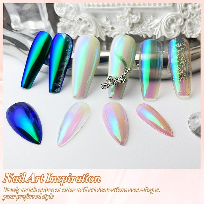 FNNZ Unicorn Chrome Nail Powder, Aurora Unichrome Mermaid Aurora Pigment Pearlescent Nail Art Glitter Dust Decoration for Home DIY Salon Manicure - Ocean Glimmer