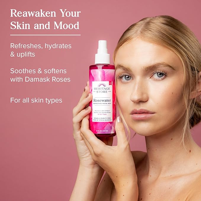 HERITAGE STORE Rosewater - Refreshing Face Mist with Damask Rose, All Skin Types - Hydrating Rose Water Spray for Glowing Skin Care - No Dyes or Alcohol, Hypoallergenic, Vegan, 60-Day Guarantee, 12oz