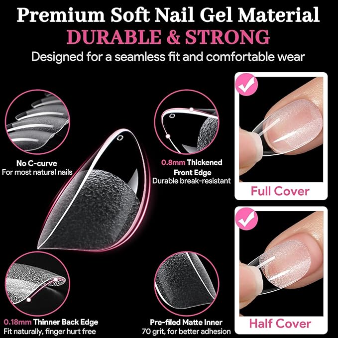 Qiek Short Almond Nail Tips - 15 Sizes 240 PCS Half Matte Full Cover Clear Fake Nails Pre-shaped Press On False Nail Tips Acrylic Soft Nail Gel Tips No C Curve Extension Manicure Home DIY Gelly Tips