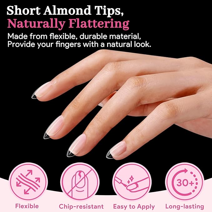 Qiek Short Almond Nail Tips - 15 Sizes 240 PCS Half Matte Full Cover Clear Fake Nails Pre-shaped Press On False Nail Tips Acrylic Soft Nail Gel Tips No C Curve Extension Manicure Home DIY Gelly Tips