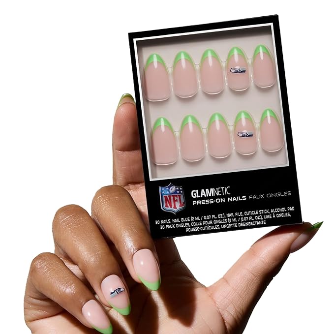 Glamnetic x Fanatics Press On Nails - Seattle Seahawks | Short Almond Fake Nails, NFL Seahawks Green French Tips, Football Nails, Salon-Quality | 15 Sizes - 30 Nail Kit with Glue