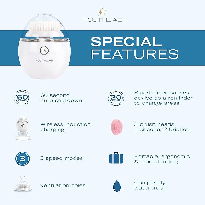 YouthLab Pure Radiance, Vibrating Facial Cleansing Brush, Electric, 3 Modes, 3 Brush Heads (2 Bristle,1 Silicone), Waterproof, Rechargeable, Smart Timer, Exfoliating, Massage (Silver)
