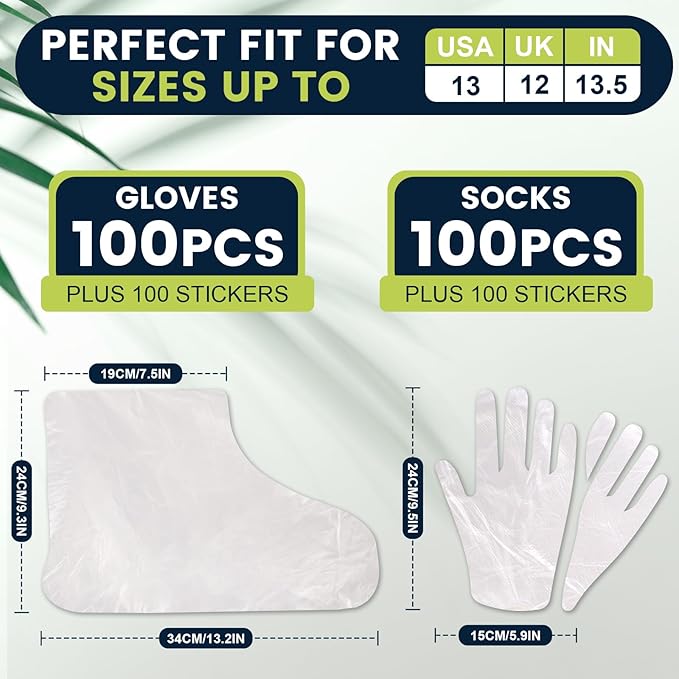 TEAWOO 200PCS Disposable Hand & Foot Mask Set, 100P Hand Masks + 100P Foot Masks with Stickers, Leak-Proof Moisturizing Covers for Paraffin Therapy & at-Home Skin Care (Feet Fit up to US 13)