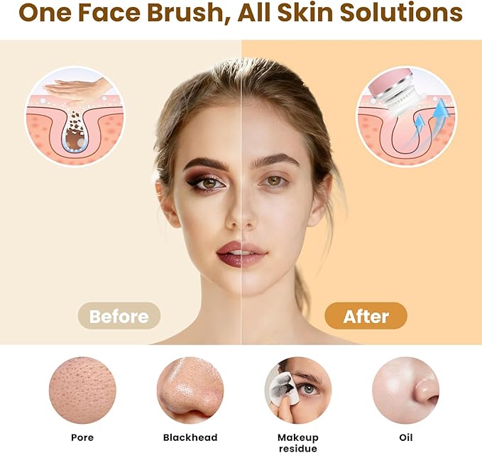 Facial Cleansing Brush, Mini Electric Face Scrubber, Waterproof Face Exfoliator Brush for Deep Cleansing, Portable Face Wash Brush for Travel, Easy to Carry, with 3 Brushheads for Women Mom Men