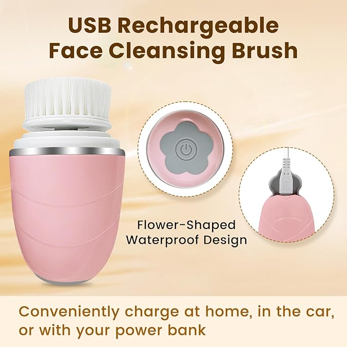 Facial Cleansing Brush, Mini Electric Face Scrubber, Waterproof Face Exfoliator Brush for Deep Cleansing, Portable Face Wash Brush for Travel, Easy to Carry, with 3 Brushheads for Women Mom Men