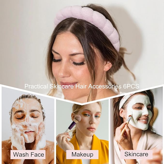 BluOcnMkt 6PCS Skincare Headbands for Women Pink Spa Makeup Headband Set, Large Flower Hair Clip, Velvet Elastic Hair Scrunchies