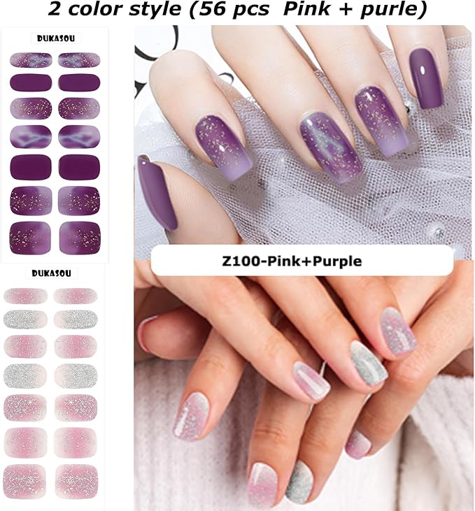 DUKASOU Semi Cured Gel Nail Strips, 56Pcs Nail Art Stickers/Wraps, Long Lasting UV Nail Polish Strips for Adults(Pink+Purple)