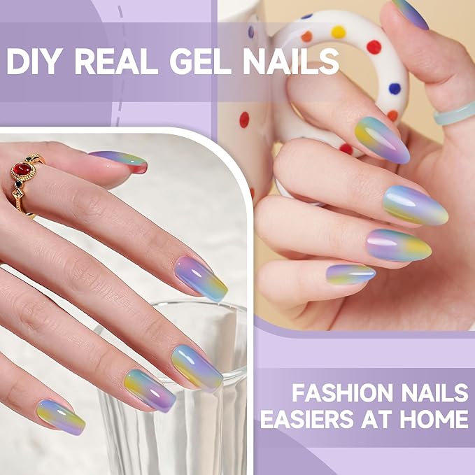 DUKASOU Semi Cured Gel Nail Strips, 56Pcs Nail Art Stickers/Wraps, Long Lasting UV Nail Polish Strips for Adults(Colorful+Purple Aurora)