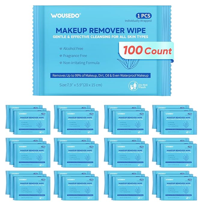 100 Count Makeup Remover Wipes, Bulk Gentle Cleansing Facial Towelettes, Individually Wrapped Travel Size,Alcohol-Free & Hypoallergenic for All Skin Types