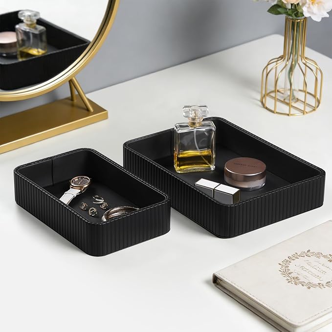 MEIBOOCH 2 Pack Nightstand Organizer Tray, Decorative Perfume Valet Tray Trinket Dish Catch All Purse Key Bowl, PU Leather Coffee Table Trays for Vanity Dresser Bedside Bathroom Countertop (Black)