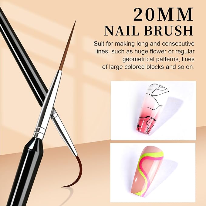 FANDAMEI 20pcs Nail Art Brushes, Liner Brushes For Nails, Nail Liner Brush, Thin Nail Art Brush For Drawing Long Lines, Nail Brush Set, Nail Brushes For Nail Art, Nail Art Tools, 7/9/11/15/20mm, Black
