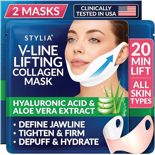 STYLIA V Line Lifting Collagen Mask - Lift, Firm & Contour Jawline - Tightening Double Chin Strap with Hyaluronic Acid & Aloe - Neck Tightening and Lifting Mask - Jawline Shaper Face Lift Tape (2PC)