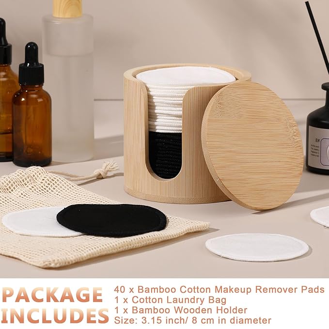 Foaincore 40 Pcs Reusable Makeup Remover Pads with Mesh Storage Bag and Bamboo Box Washable Bamboo Cotton Rounds Soft Reusable Face Pad for Toner Skin Various Skin Care Products(Black White)