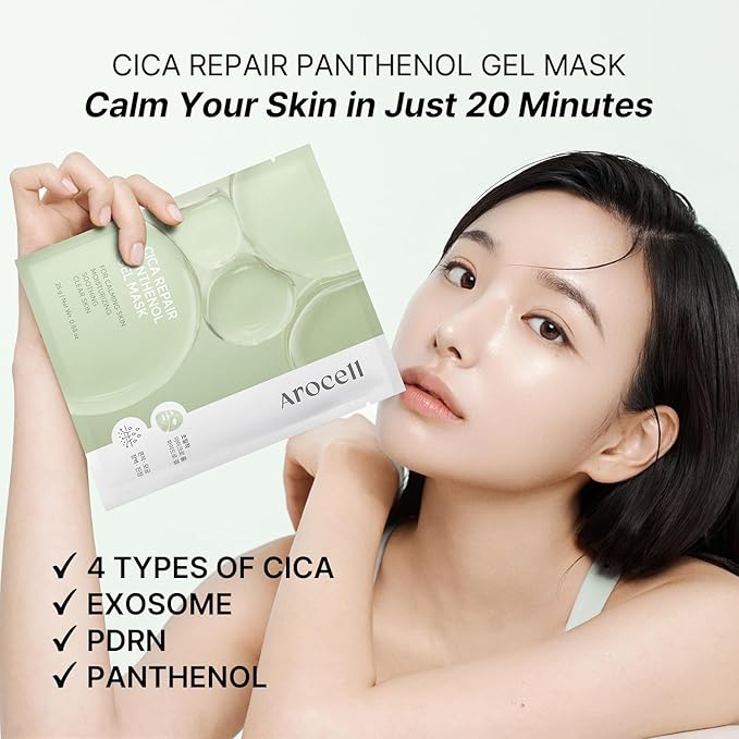 AROCELL Cica Hydrogel Mask 4 Facial Sheet with Panthenol & Centella Asiatica, Transparent Cooling Hydrogel Face Mask for Soothing Calming Hydrating Moisturizing Sensitive Skin Korean Skincare, 25gx4ea