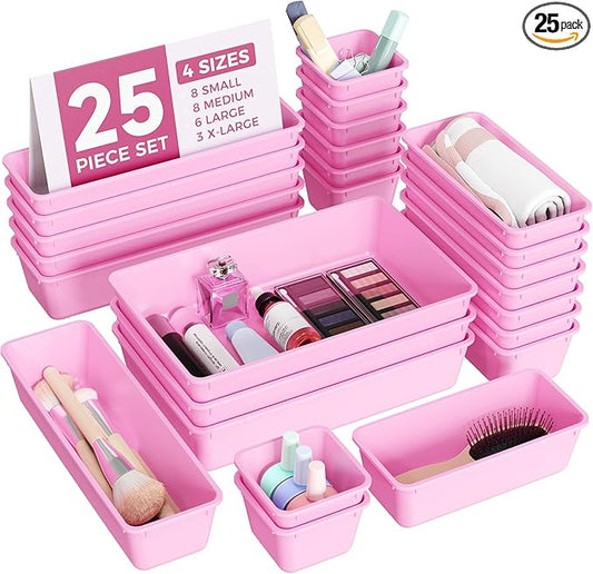 BiuLeon 25 PCS Plastic Drawer Organizers Set, 4-Sizes Vanity and Makeup Organizer, Desk and bathroom Drawer Organizer Trays, Organizers and Storage for Makeup, Jewelry, Gadgets, Utensils(Light Purple)