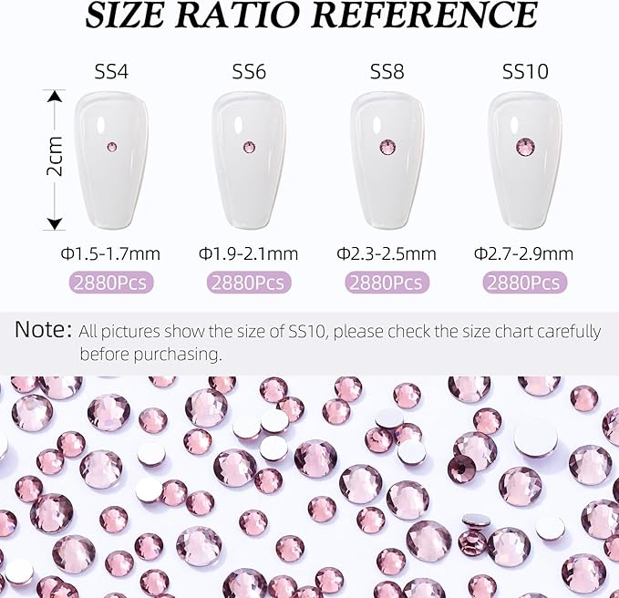 Meibite Light Amethyst Flatback Rhinestones, Glass Rhinestones for Nail Art and Craft, Glue Fix, Loose Crystal Gemstones(Lt.Amethyst, SS6, 2880pcs, 1.9-2.0mm)