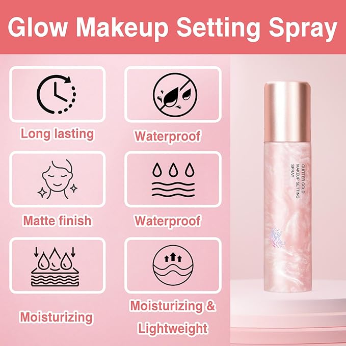 Glow Makeup Setting Spray, Shimmer Dewy Hydrating Setting Spray for Face, Long Lasting Glowing Radiant Finish, Lightweight & Refreshing, Protects and moisturizing Dehydrated Skin - 4 Oz