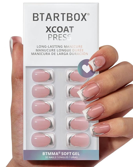 BTArtbox Press On Nails Short - Ice Veil, 3D Silver Lines White French Tip Square Press On Nails with Glue and Adhesive Tabs for Women in 16 Sizes - 32 Soft Gel Glue On Nails Kit