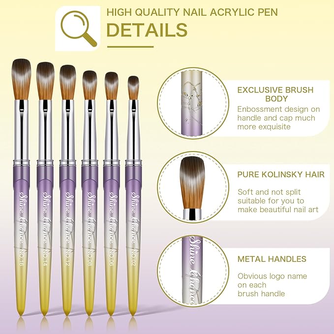 Shine Chance 6Pcs Kolinsky Acrylic Nail Brushes Set, Oval Crimped, Yellow