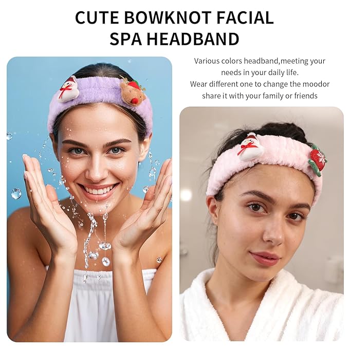 PERFECTSIGHT Kawaii Headband for Spa, Makeup, Washing Face, Party - 2 Pack Cute Christmas Hair Band for Shower Beauty Skincare, Soft Facial Headbands for Girls and Women, Snowman