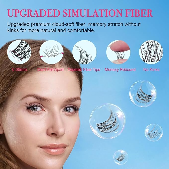 Lash Clusters Kit Manga Lash Clusters D Curl Lashes Clusters Anime Lashes Ultra-Thin Invisible Band 0.05mm Eyelash Extension Kit DIY at Home