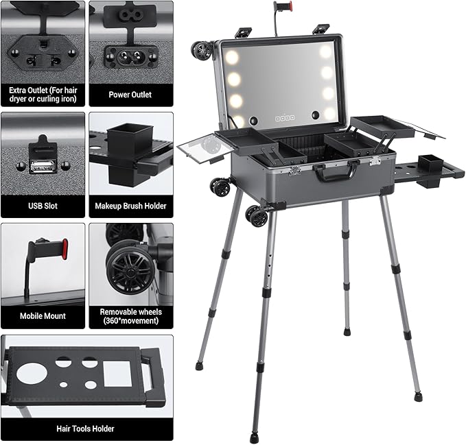 Rolling Makeup Train Case with Lighted Mirror and Bluetooth Speaker Professional Cosmetic Organizer Case with Wheels, Stands Portable Makup Station Vanity for Travel (Gray, Small)