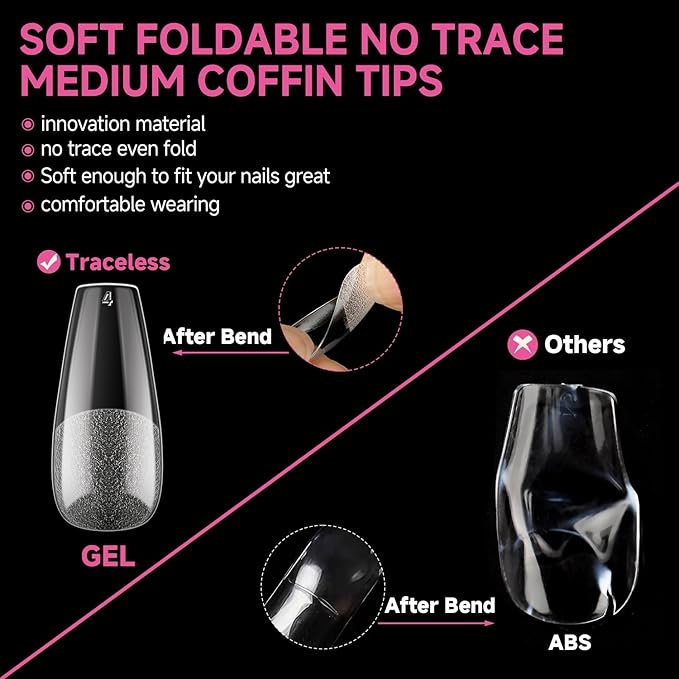 UNA GELLA Medium Coffin Nails Tips, 312Pcs Pre-Etched Gel Nail Tips Coffin Press On Nails Clear Full Cover for Nail Extensions & DIY Art Salon at Home, Long Lasting 12 Sizes