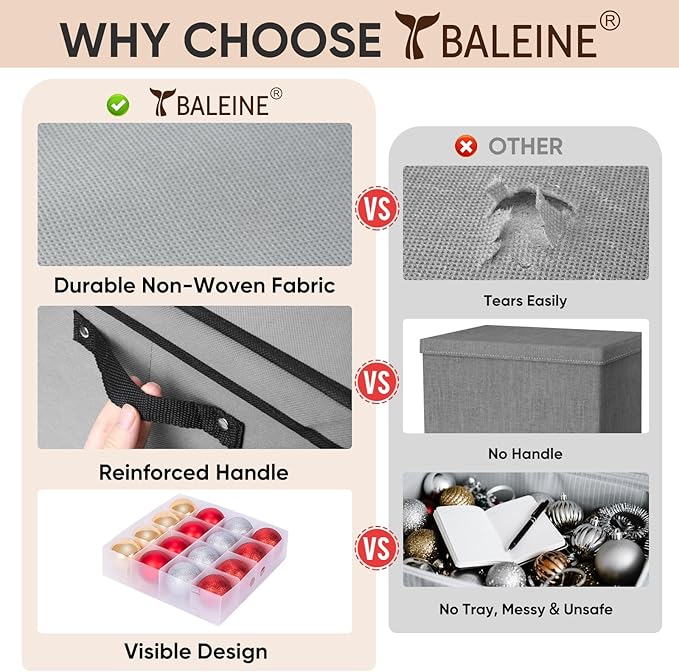 BALEINE Christmas Ornament Storage Box with Dividers, Premium Holiday Ornaments Storage Container Bin for Xmas Decorations (64 Ball, Grey, Hard)
