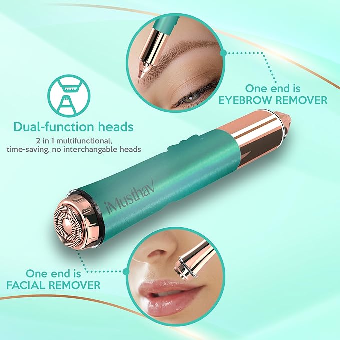 iMusthav 2 in 1 Eyebrow and Facial Hair Remover for Women Painless Electric Razor Epilator Trimmer Shaver with 18K Gold-Plated, USB Rechargeable, 360° LED for Flawless Eyebrow and Face Hair Removal