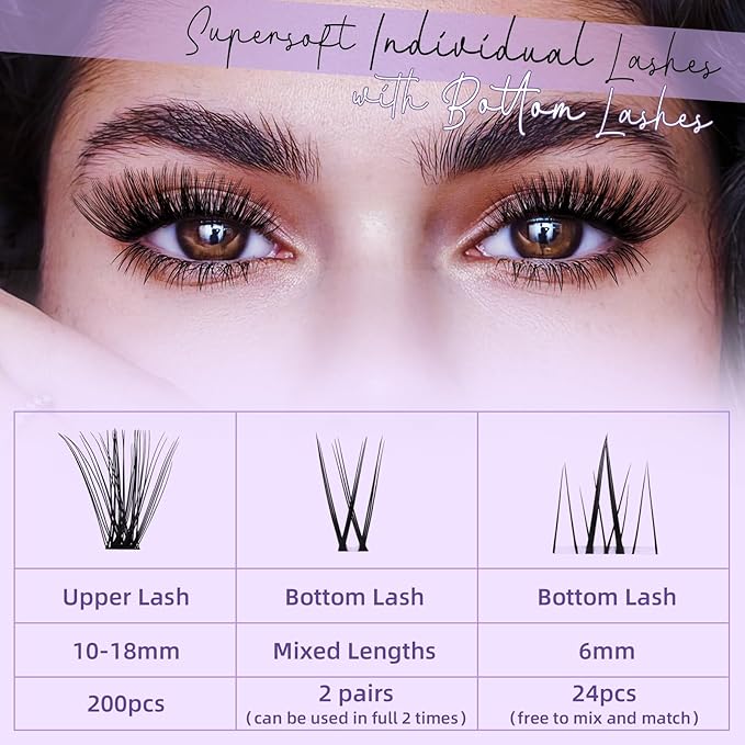 B&Qaugen Lash Clusters with Bottom Lashes 10-18mm 40D D Curl Individual Lashes Cluster Eyelash Clusters Wispy with 2 Styles Bottom Lash Extension DIY Lash Extensions at Home (40D-D-MIX10-18)
