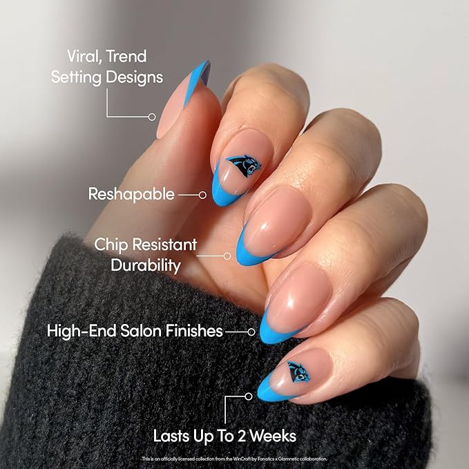 Glamnetic x Fanatics Press On Nails - Carolina Panthers | Short Almond Fake Nails, NFL Panthers Blue French Tips, Football Nails, Salon-Quality | 15 Sizes - 30 Nail Kit with Glue