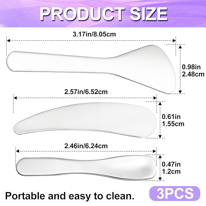 Pndeyo 3pcs Mini Metal Makeup Spatula, Reusable Cosmetic Cream Spatulas Spoon, Skincare Scoop Applicator Facial Massage Beauty Tools for Mixing and Sampling Face Eye Cream- Silver