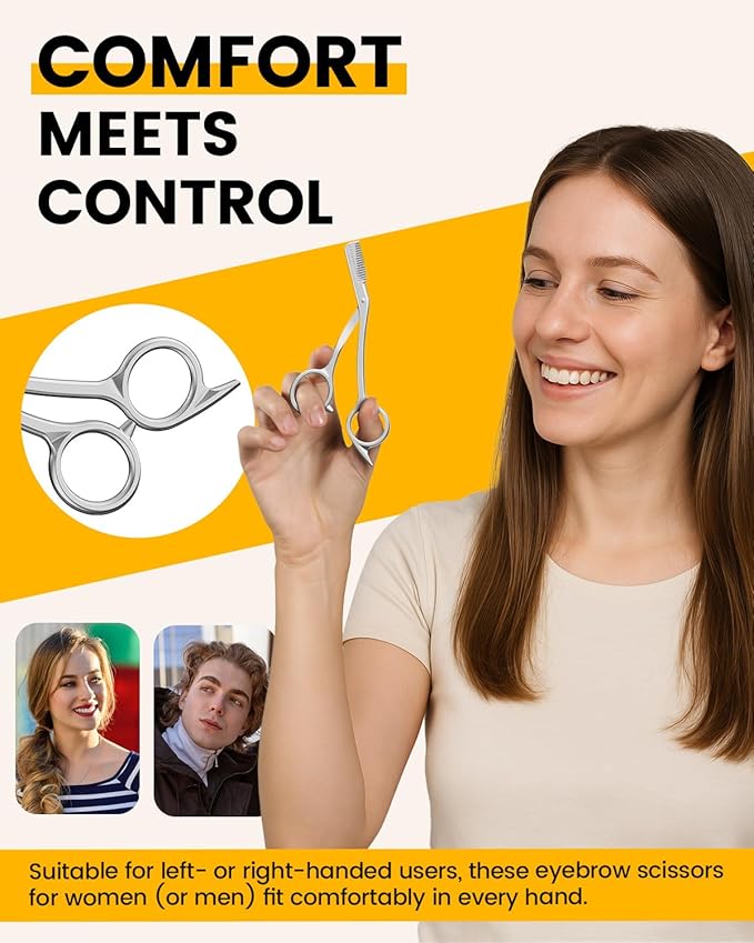 BEZOX Eyebrow Scissors with Comb - Stainless Steel Eyebrow Trimmer for Women and Men, Precision Eye Brow Comb Scissors, Sleek Eyebrows Grooming Kit - Silver