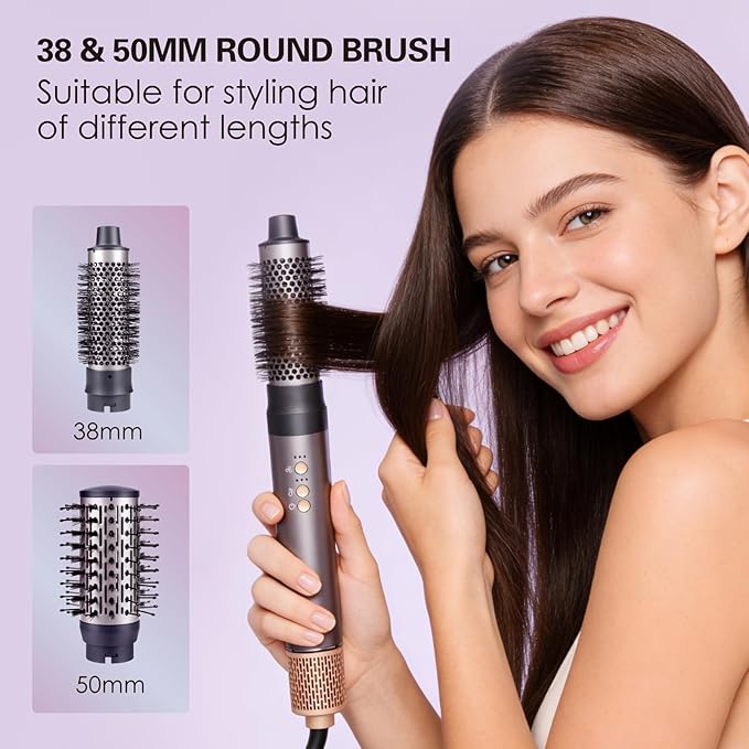 7 in 1 Hot Air Styler High Speed BLDC Motor 110000 RPM with Round Rrush Left/Right Auto Wrap Curler,Oval Brush,Straightening Brush Drying air Nozzle.1400W Hot Hair Brush with ALCI Safety Plug