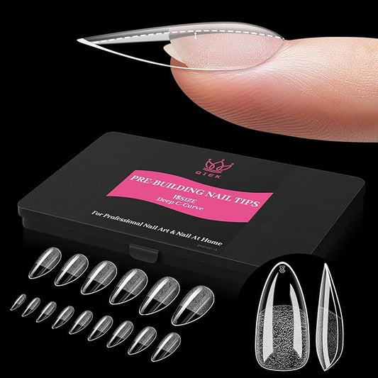 Qiek Medium Almond Pre-Building Nail Tips, 15 Sizes 240 PCS Pre-shaped Apex Clear Soft Press On Fake Nail Half Matte Gel Nail Extensions Strong Thick Acrylic Tip for DIY Beginners & Salon Manicure