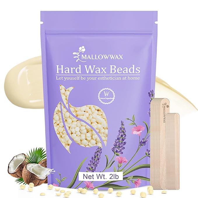 Mallowwax Hard Wax Beads, 2LB Coconut Cream Wax for Sensitive Skin, Gentle Hair Removal for Face, Bikini, Legs & Brazilian, No Strips Needed & Easy to Use at Home