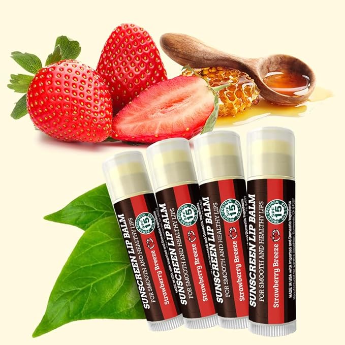 Earth's Daughter SPF Lip Balm 4-Pack Strawberry Flavor - Lip Sunscreen, SPF 15, Organic Ingredients, Beeswax, Coconut Oil, Vitamin E - Hypoallergenic, Paraben Free, Gluten Free