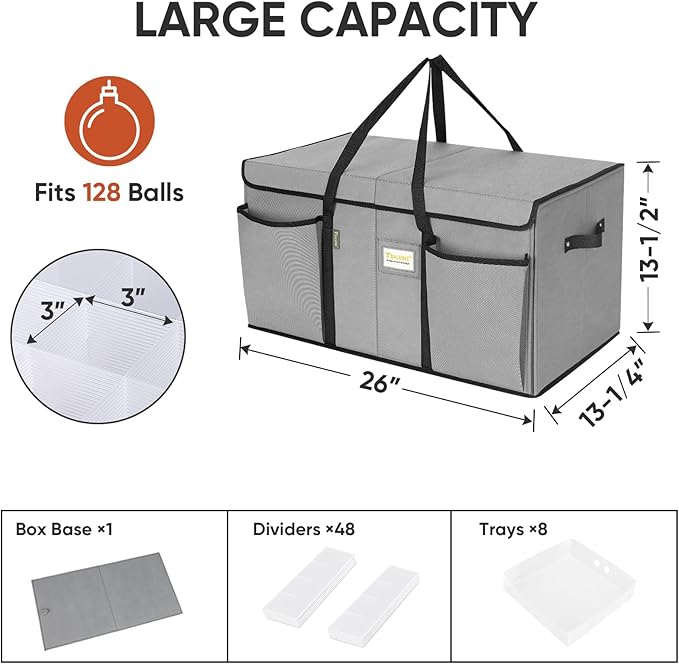 BALEINE Christmas Ornament Storage Box with Dividers, Premium Holiday Ornaments Storage Container Bin for Xmas Decorations (128 Ball, Black, Hard)
