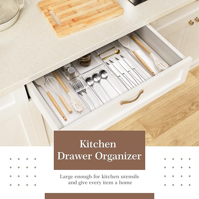 Criusia 11 PCS Clear Plastic Drawer Organizer Set - 5 Large Size Versatile Kitchen and Bathroom Organizer Trays, Non-Slip Storage Bins for Makeup, Utensils, Tool and Office Desk
