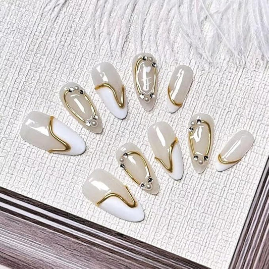 Press On Nails Medium Almond Shape - 3D Handmade Acrylic Gel Fake Nails with Glitter Designs, Reusable Thick Almond Nails for Women DIY Manicure Kit (10PCS, L Size, Easy Application)
