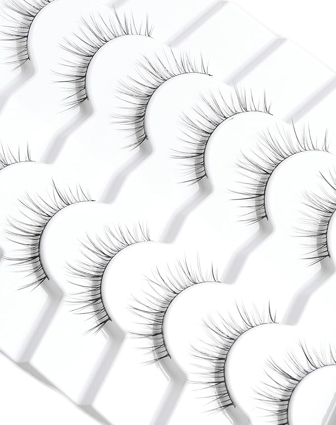False Eyelashes Natural Look,Wispy C Curl Lashes, Thin Band Eye Lashes, Soft Resuable Strip Lashes, Natural Volume Faux Mink Eyelashes, 7 Pairs 10mm S12