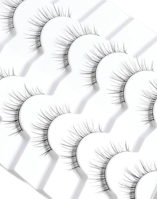 False Eyelashes Natural Look,Wispy C Curl Lashes, Thin Band Eye Lashes, Soft Resuable Strip Lashes, Natural Volume Faux Mink Eyelashes, 7 Pairs 10mm S12
