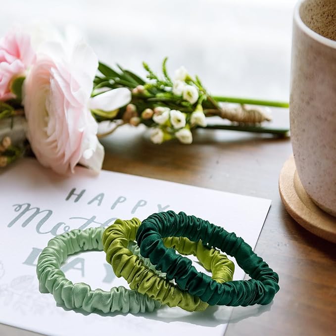VLOMOT 3 Pcs Set 100% Pure Mulberry Silk Hair Scrunchies Hair Ties with 3 Chic Colors Everyday Skinny Scrunchies Silk Ponytail Holders Hair Care No Damage (Green)