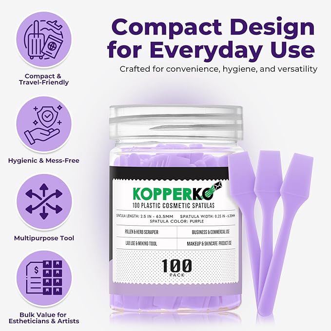 Kopperko Mini Face Spatula (2.5", 100 Pack) - Small Foundation Spatula for Skincare, Creams, & Crafts | Plastic Face Lotion Applicator Tool for Mixing, Cosmetic, Face Mask | Purple