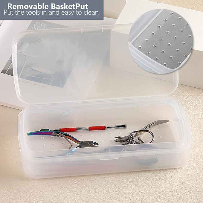 FSpronail Nail Tool Sterilizer Box, Fully Transparent Disinfection Container Tray for Nail Tools Organizer with Strainer for Tweezers Manicure Equipment Nails Salon Supplies Art Accessories - White
