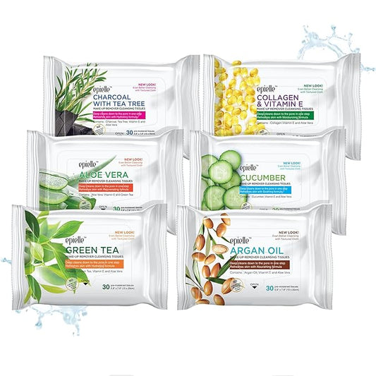 Epielle Makeup Remover Wipes, Remove Waterproof Mascara, Gentle Daily Facial Cleanser Towelettes with Collagen, Tea Tree & Aloe Vera, Stocking Stuffers, 30 Count (Pack of 6)