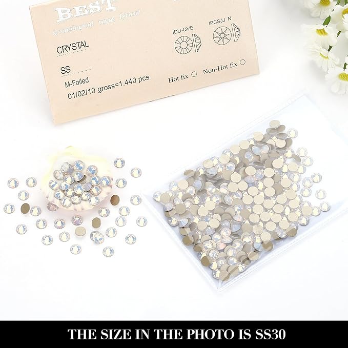 Novani White Opal Rhinestones 288pcs Flat Back Round Rhinestone Style 2088 Sparkly Crystal Gemstones for Nail Art and Crafting SS30,6.4-6.6mm
