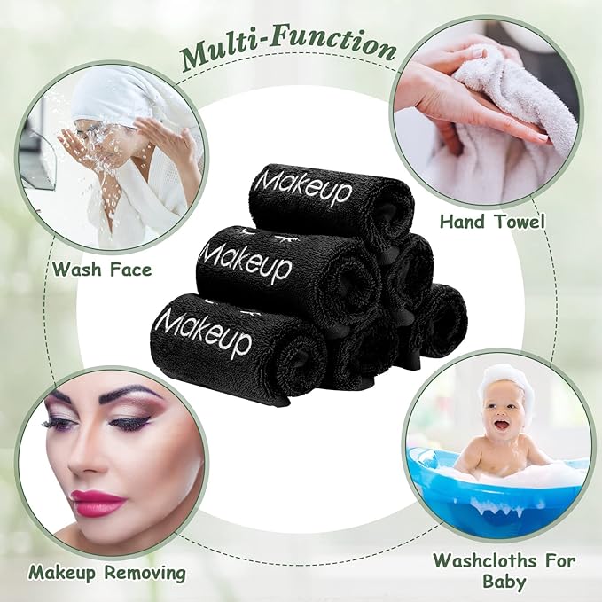 Vabean 30 Pcs Microfiber Black Makeup Washcloths for Face 13 x 13 Inches Makeup Remover Towels Reusable Absorbent Removers Face Wash Cloth with Embroidery for Women