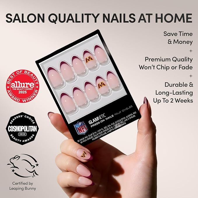Glamnetic x Fanatics Press On Nails - Washington Commanders | Short Almond Fake Nails, NFL Commanders Red French Tips, Football Nails, Salon-Quality | 15 Sizes - 30 Nail Kit with Glue